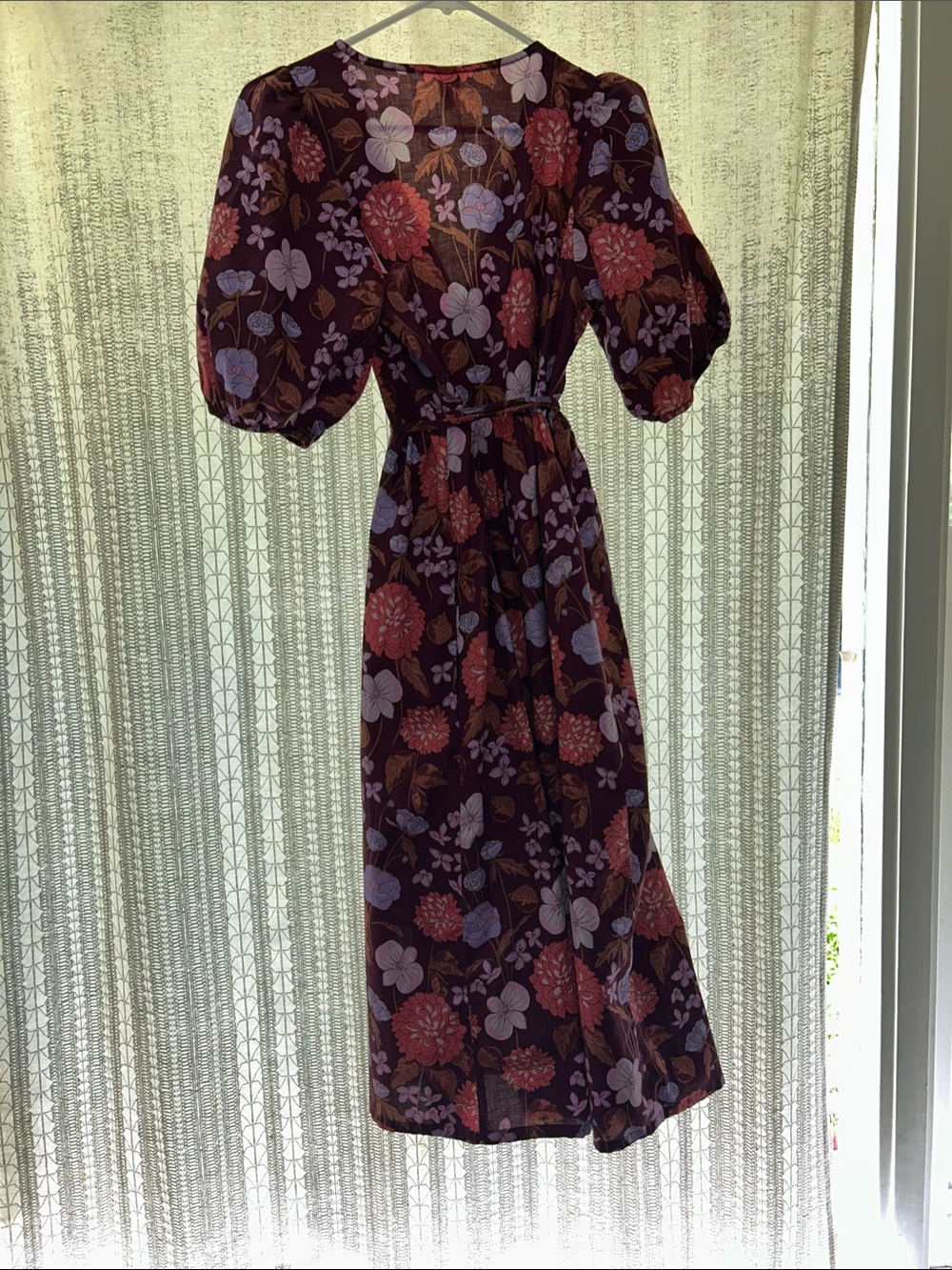 Tea Collection Burgundy Floral Midi Dress with Puff Sleeves - Picture 4 of 4